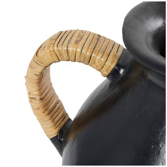 19" Black Ceramic Jug Vase with Rattan Wrapped Handles